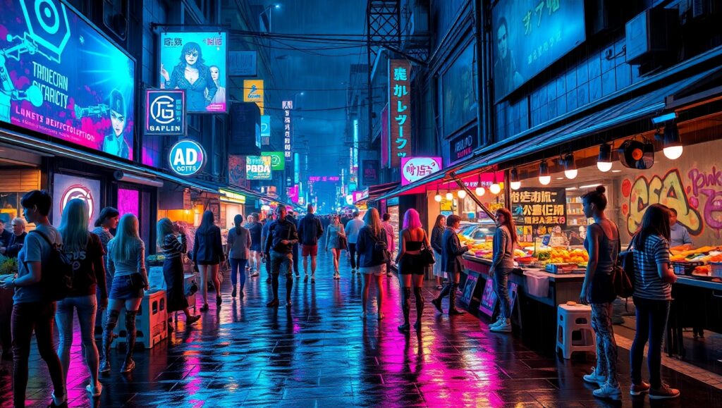 Neon Market in Cyberpunk City – free AI stock image