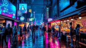 Neon Market in Cyberpunk City – free AI stock image
