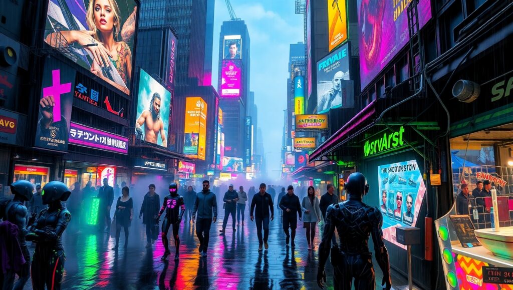 Neon Market of the Future – free AI stock image