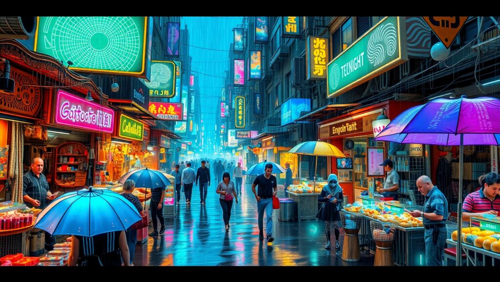 Neon Marketplace in Cyberpunk City – free AI stock image