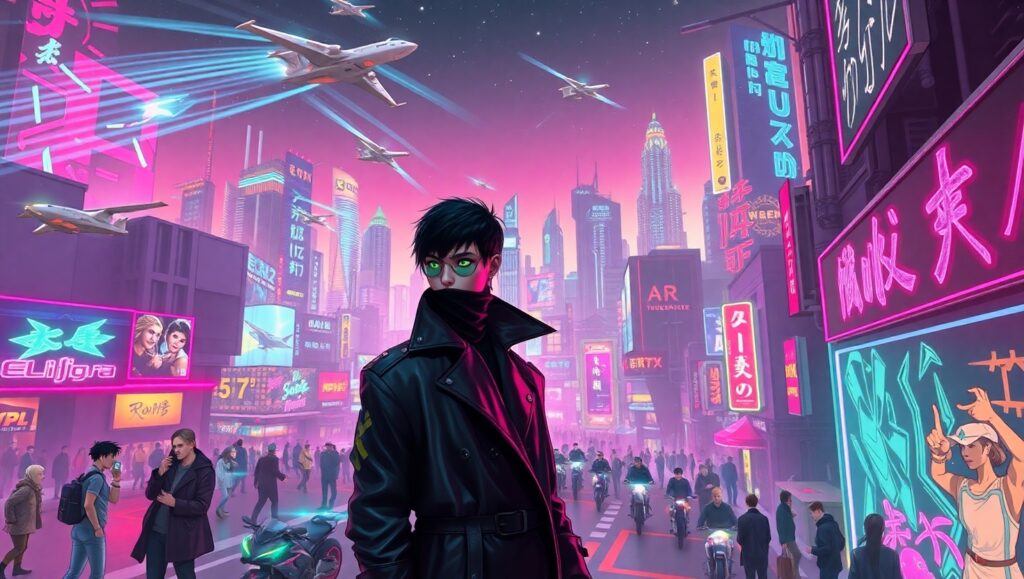 Neon Metropolis in the Stars – free AI stock image
