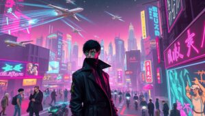 Neon Metropolis in the Stars – free AI stock image