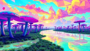 Neon Mushroom Dreamscape – free AI stock image