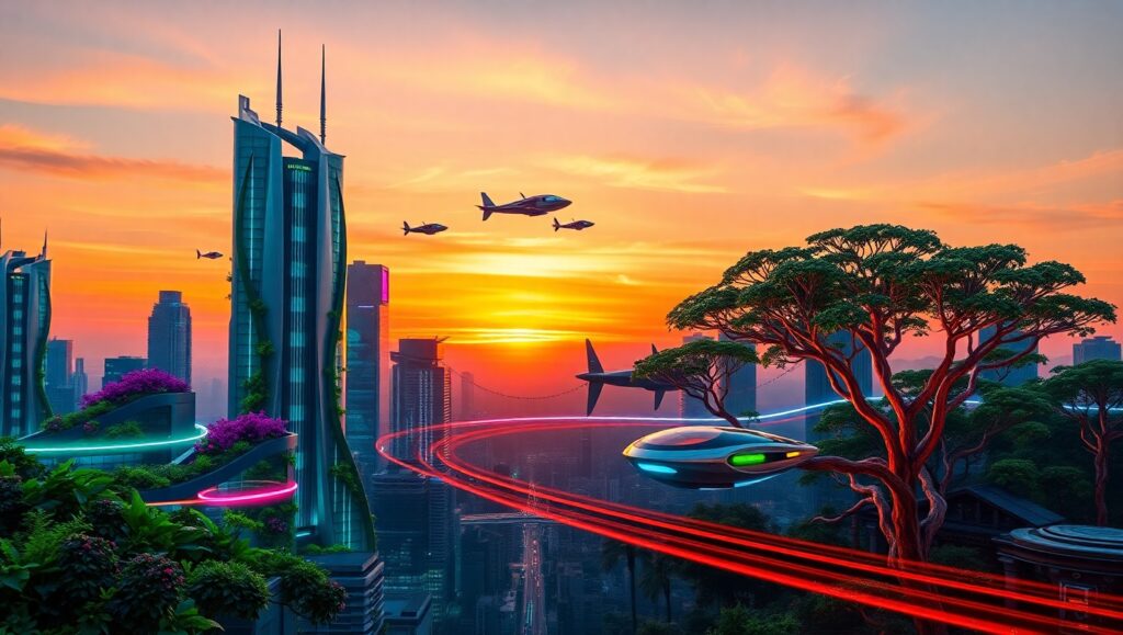 Neon Nature: Future Cityscape – free AI stock image
