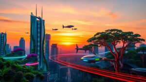 Neon Nature: Future Cityscape – free AI stock image