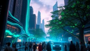 Neon Nature: Futuristic Urban Landscape – free AI stock image