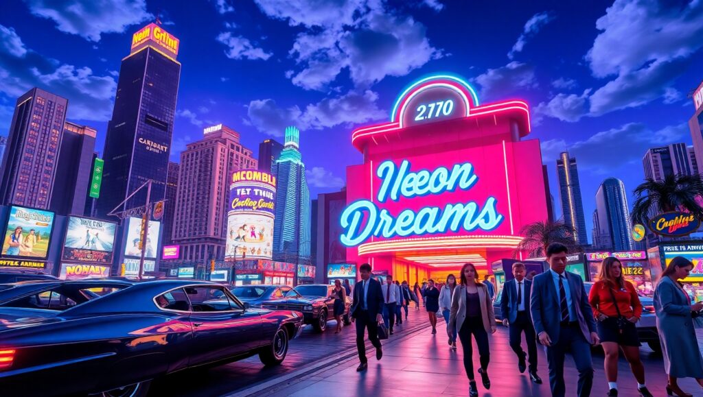 Neon Night in Retro City – free AI stock image