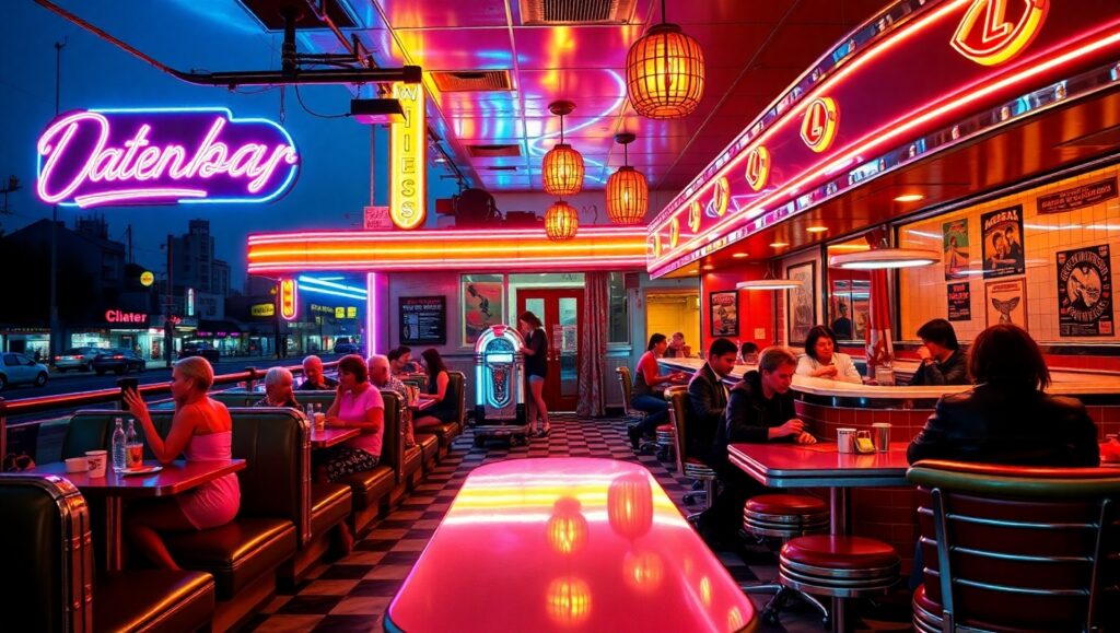 Neon Nights at the Retro Diner – free AI stock image
