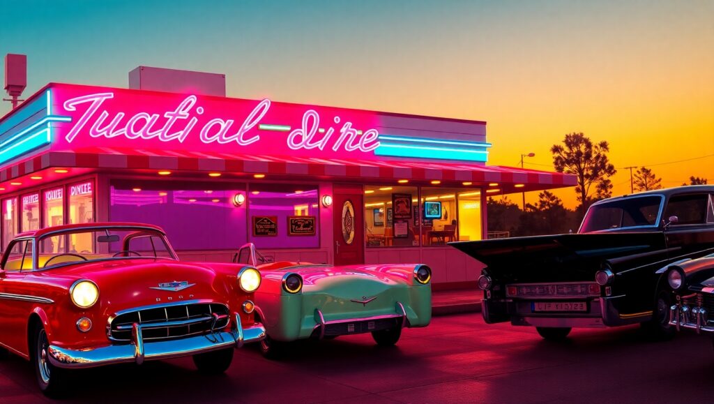 Neon Nights at the Retro Diner – free AI stock image