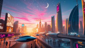 Neon Nights in a Flying City – free AI stock image