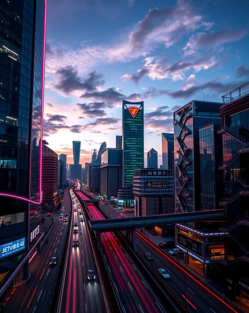 Neon Reflections in a Cityscape at Night – free AI stock image