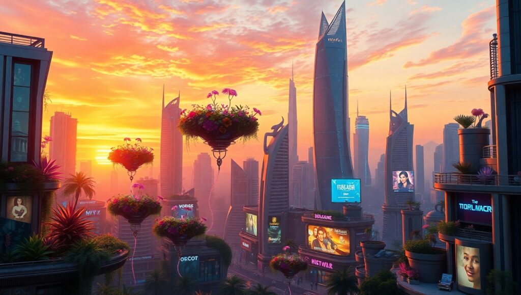 Neon Skies: Futuristic Cityscape – free AI stock image