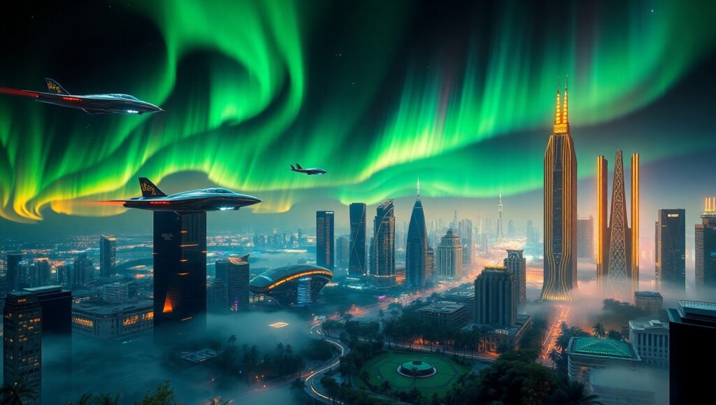 Neon Skies Over Future City – free AI stock image