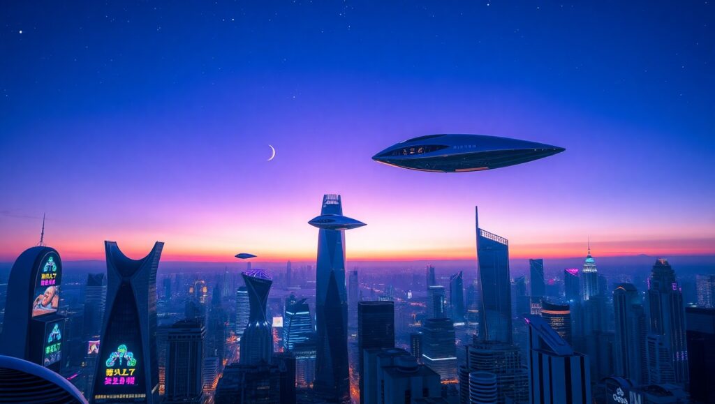 Neon Skyline of Tomorrow – free AI stock image