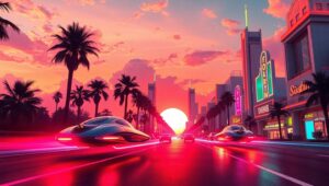 Neon Sunset Cityscape – free AI stock image