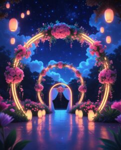 Neon Wedding Arch Under a Starry – free AI stock image