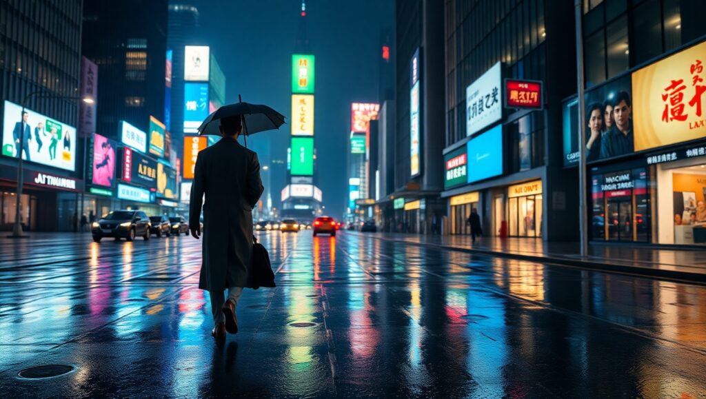 Night Walk in the Rain – free AI stock image