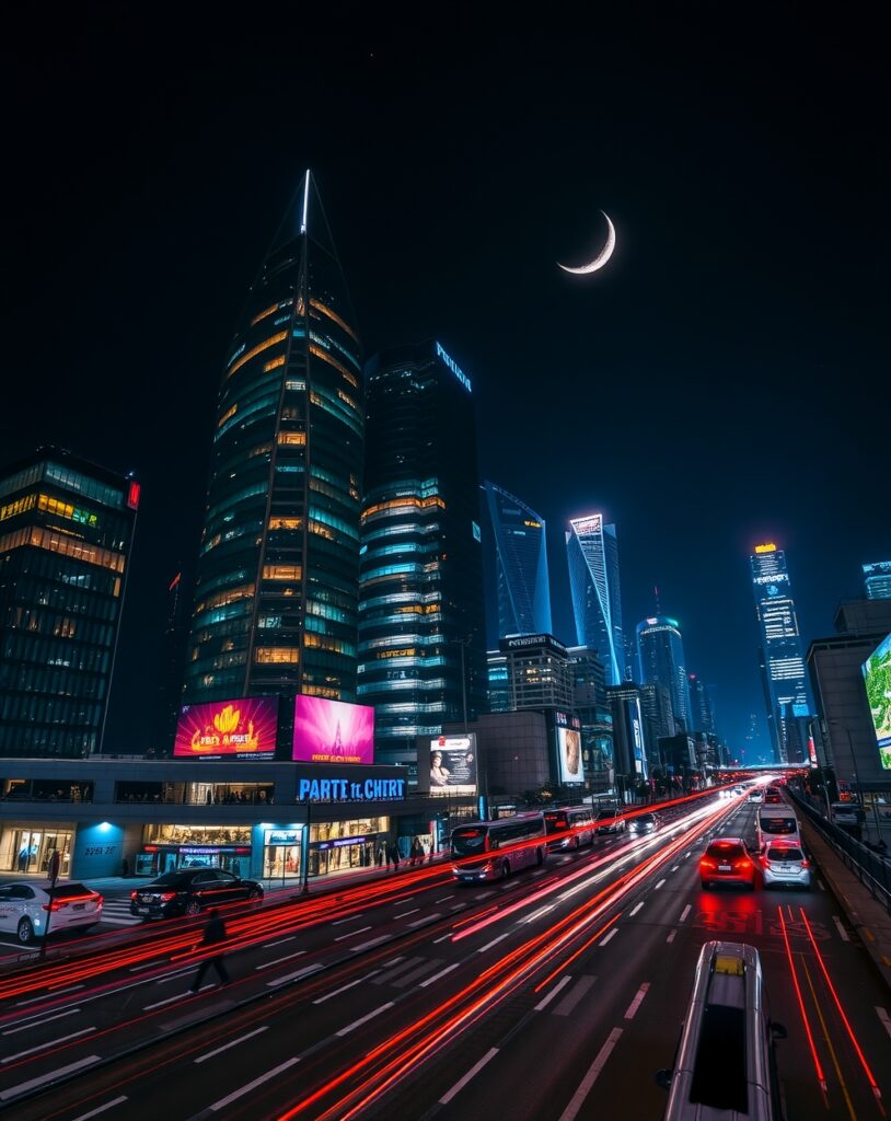 Nighttime Cityscape with Glowing Lights – free AI stock image