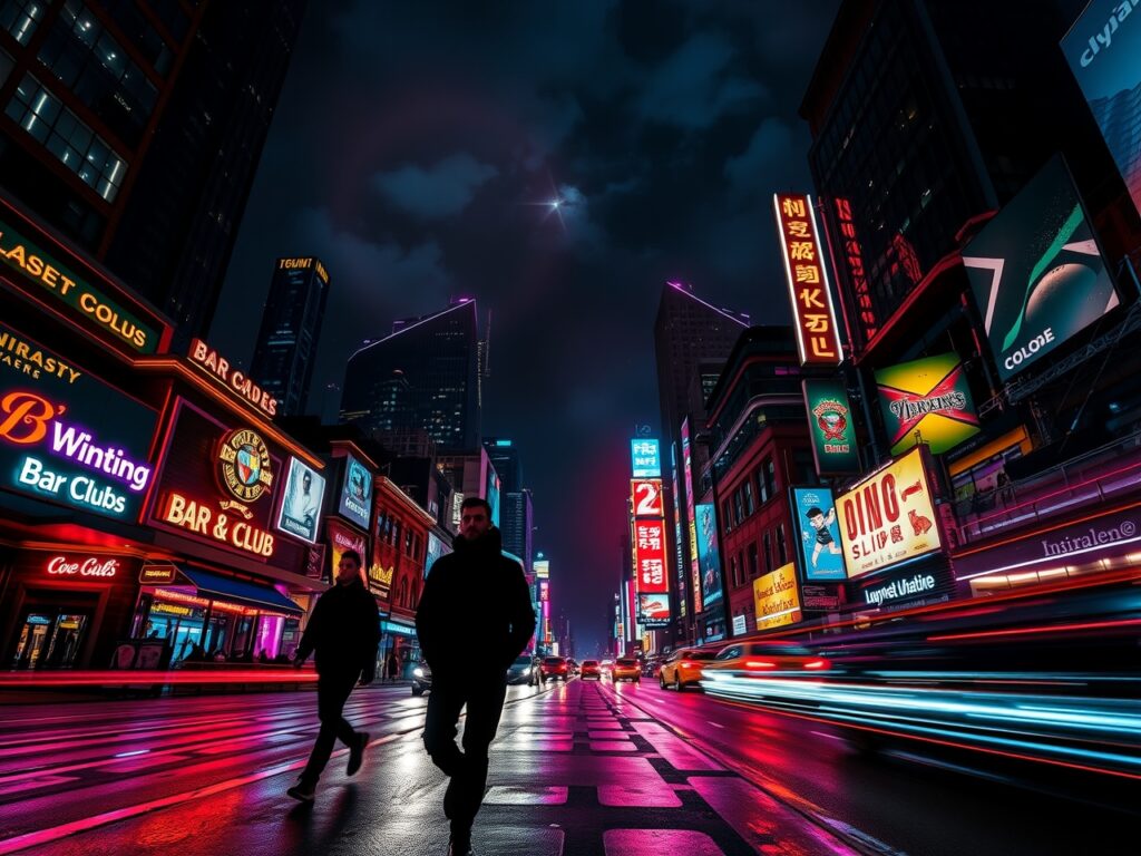 Nighttime Cityscape with Neon Lights – free AI stock image