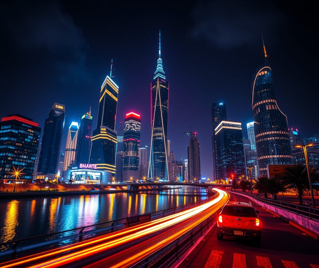 Nighttime Urban Skyline with Vibrant Lights – free AI stock image