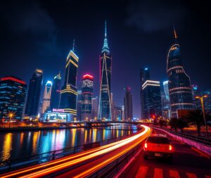 Nighttime Urban Skyline with Vibrant Lights – free AI stock image