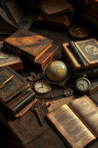 Old Books and Mysterious Artifacts on a Table – free AI stock image