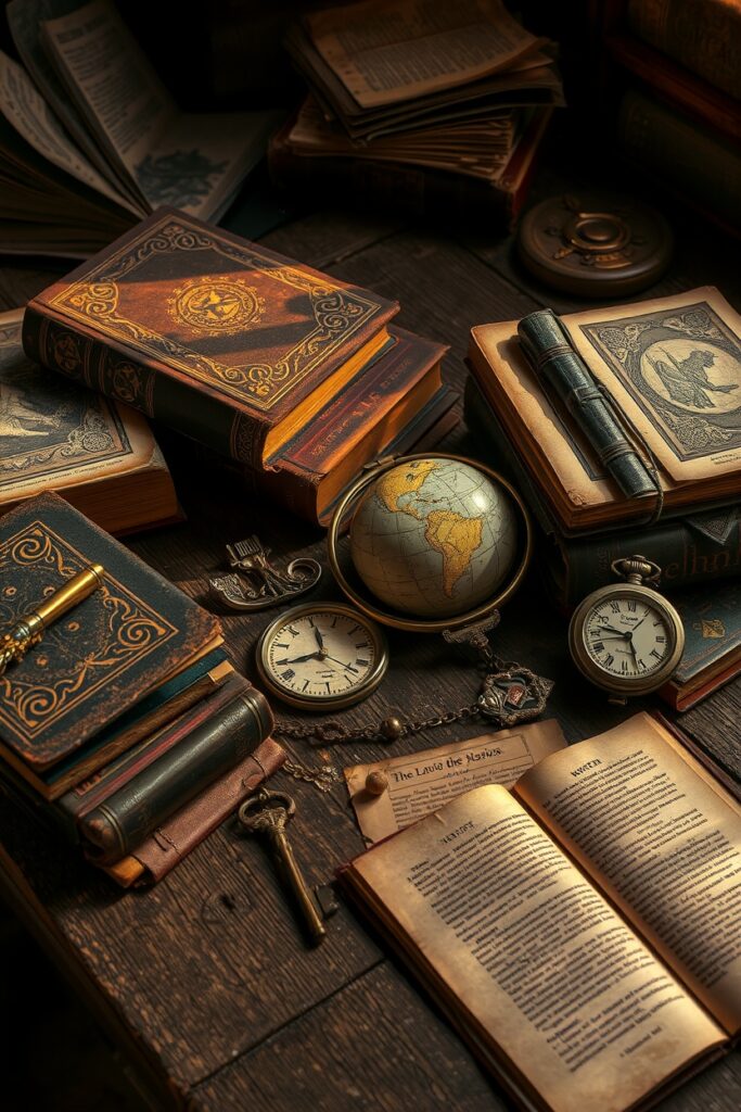 Old Books and Mysterious Artifacts on a Table – free AI stock image