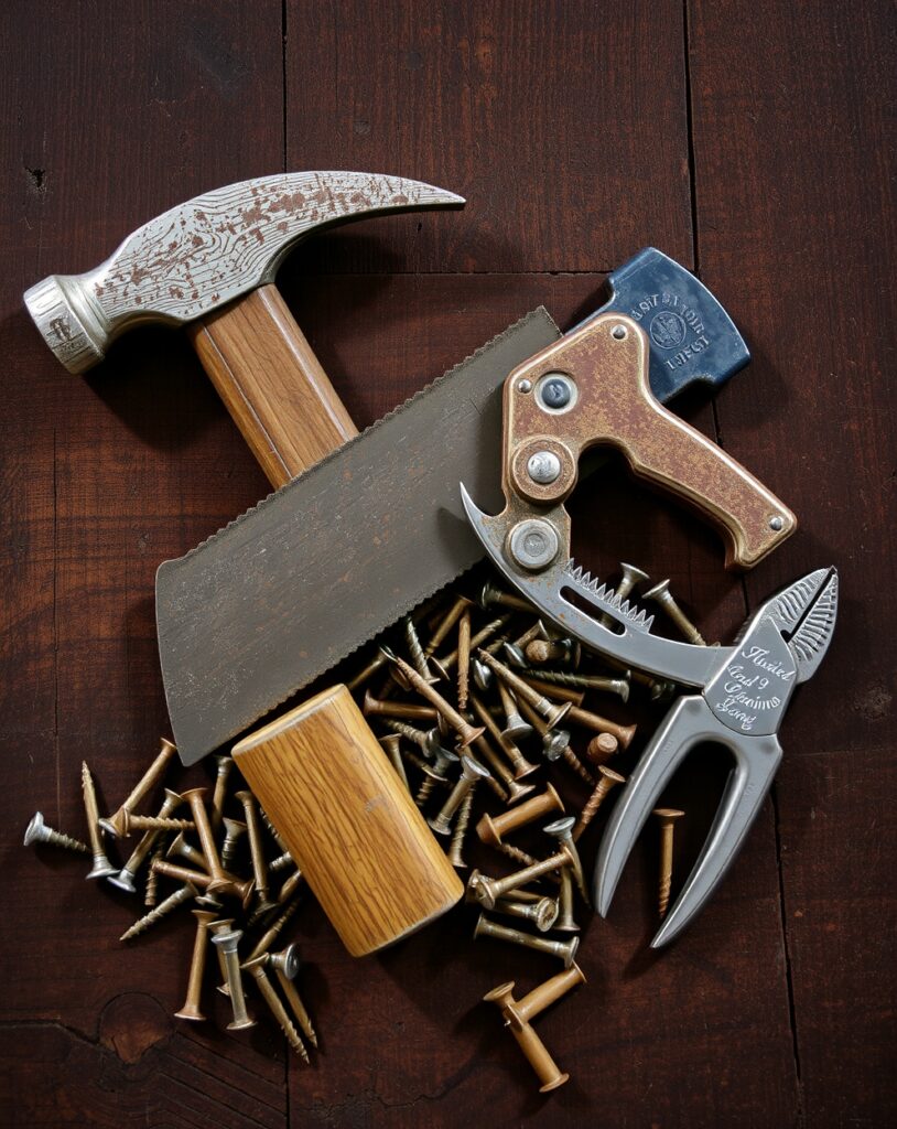 Old Tools Lying on a Wooden Table – free AI stock image