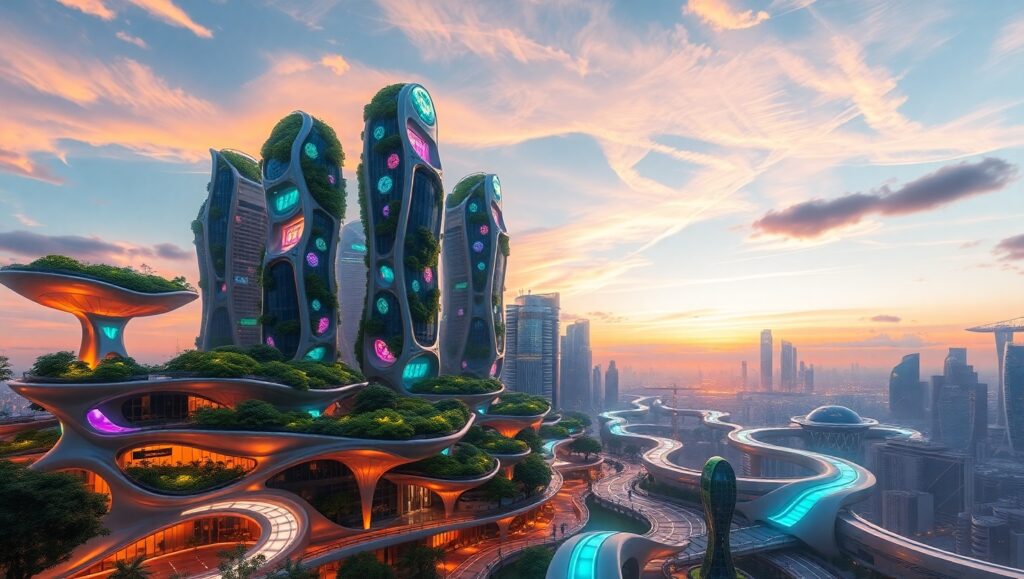 Organic Futuristic City at Sunset – free AI stock image