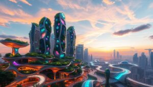 Organic Futuristic City at Sunset – free AI stock image