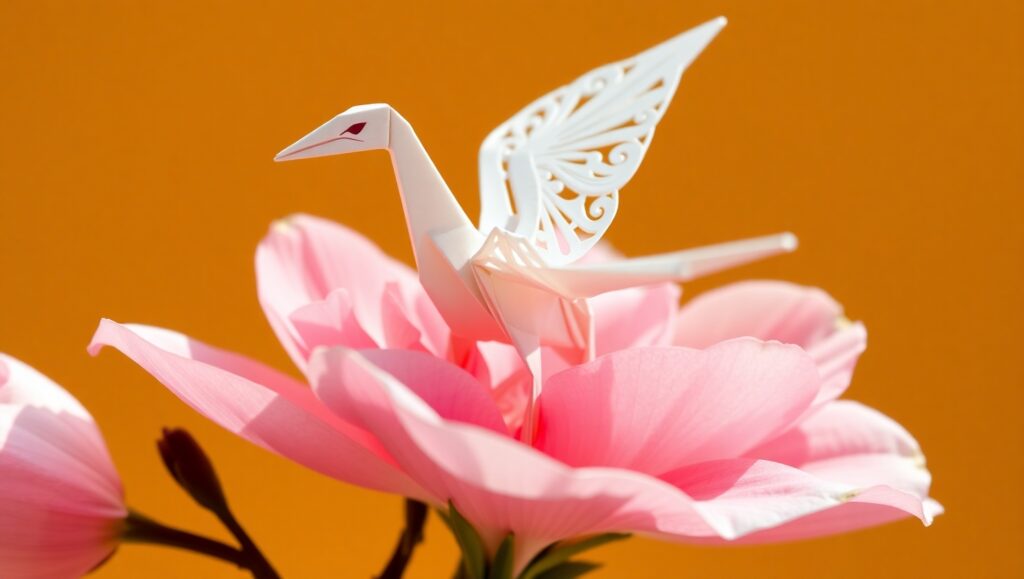 Origami Crane on a Blossom – free AI stock image
