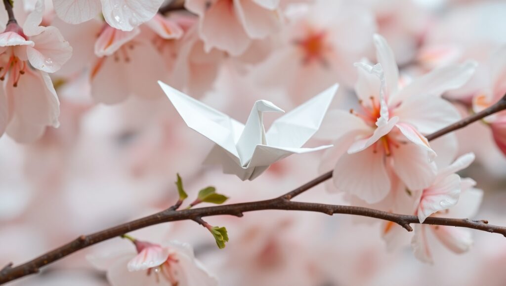 Origami Crane on Cherry Blossom – free AI stock image