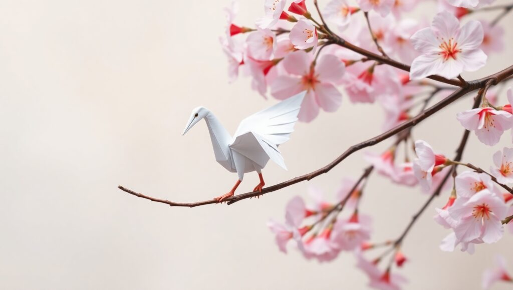 Origami Crane on Cherry Blossom Branch – free AI stock image