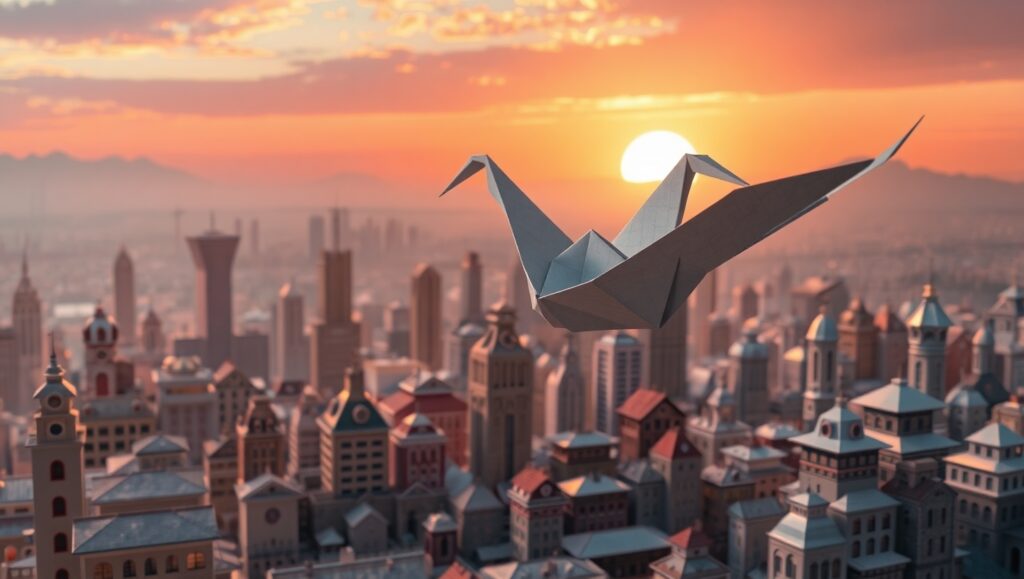 Origami Crane Over Paper City – free AI stock image