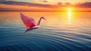 Origami Crane Over Serene Lake – free AI stock image