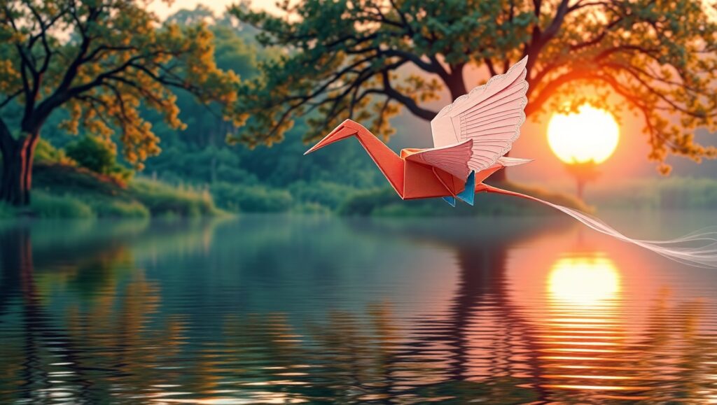 Origami Crane Over Sunset Lake – free AI stock image