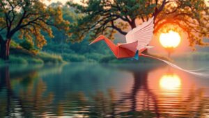 Origami Crane Over Sunset Lake – free AI stock image