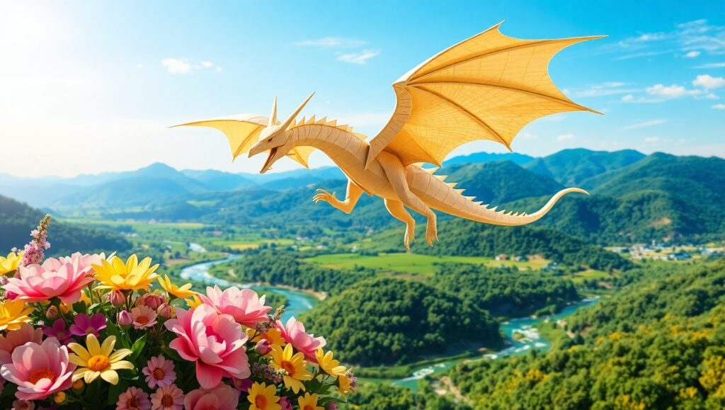 Origami Dragon in a Flowering Valley – free AI stock image