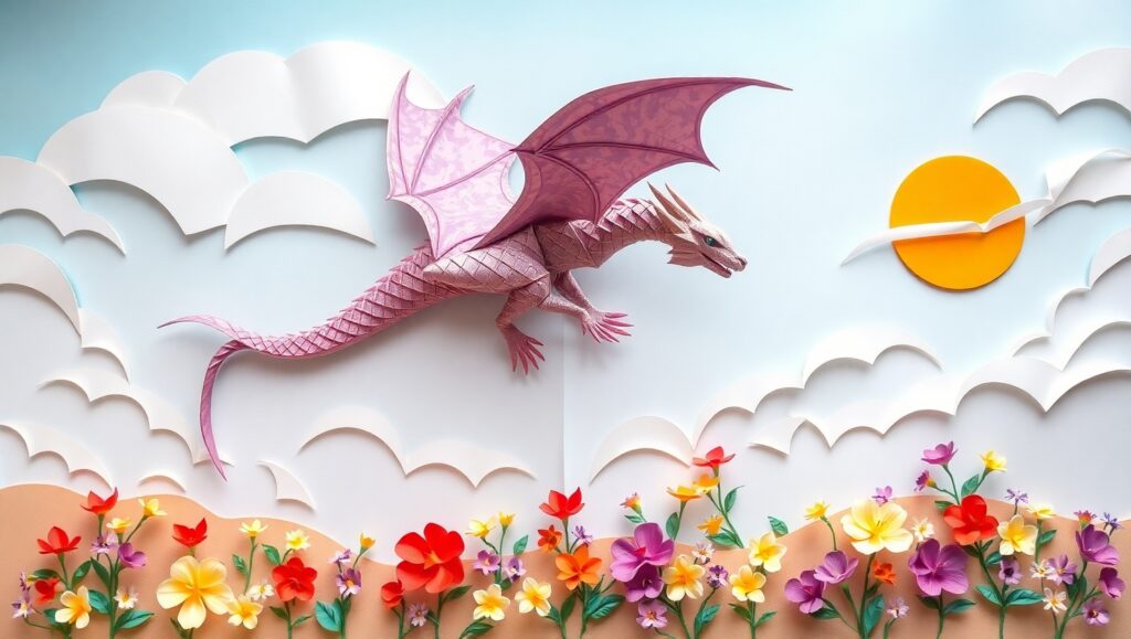 Origami Dragon in Paper Skies – free AI stock image