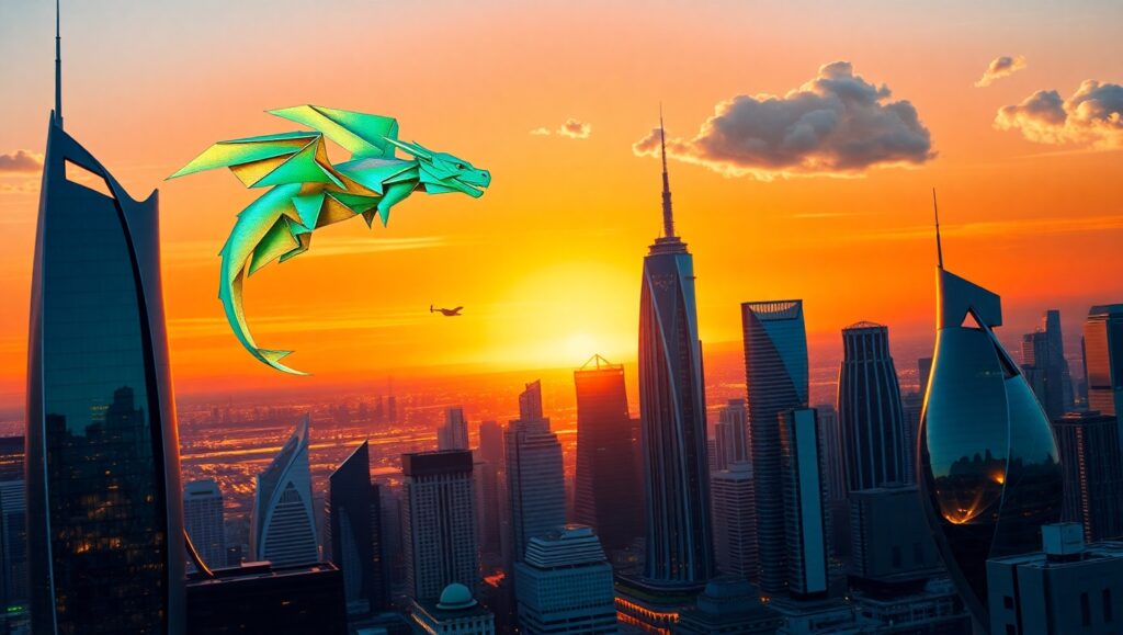 Origami Dragon Over City Skyline – free AI stock image