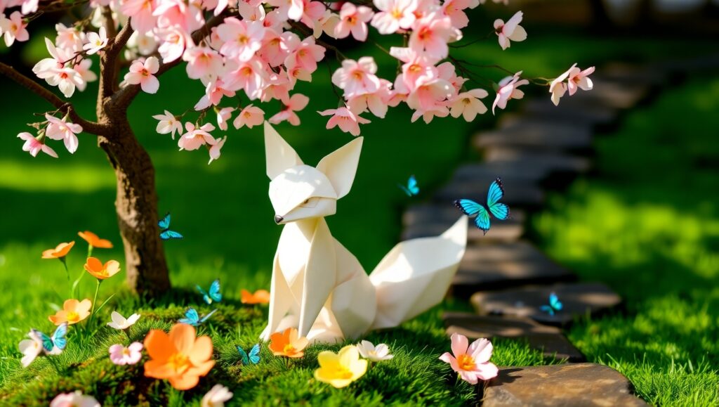 Origami Fox in Cherry Blossom Garden – free AI stock image