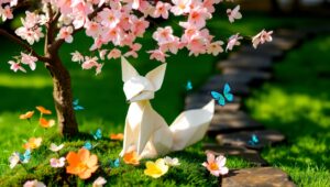 Origami Fox in Cherry Blossom Garden – free AI stock image