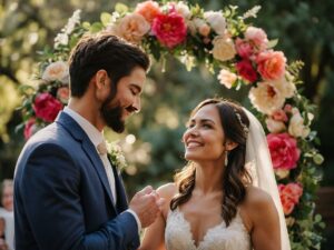 Outdoor Wedding Ceremony Under a Floral Arch – free AI stock image