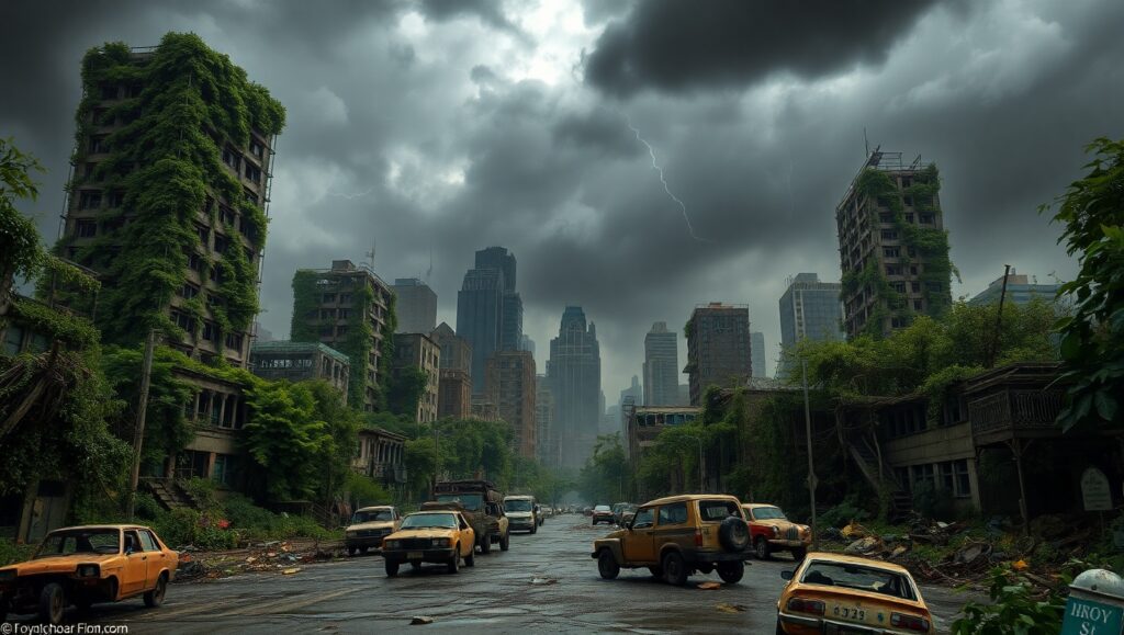 Overgrown City Under Dark Skies – free AI stock image