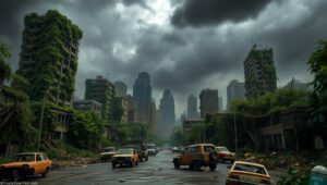 Overgrown City Under Dark Skies – free AI stock image