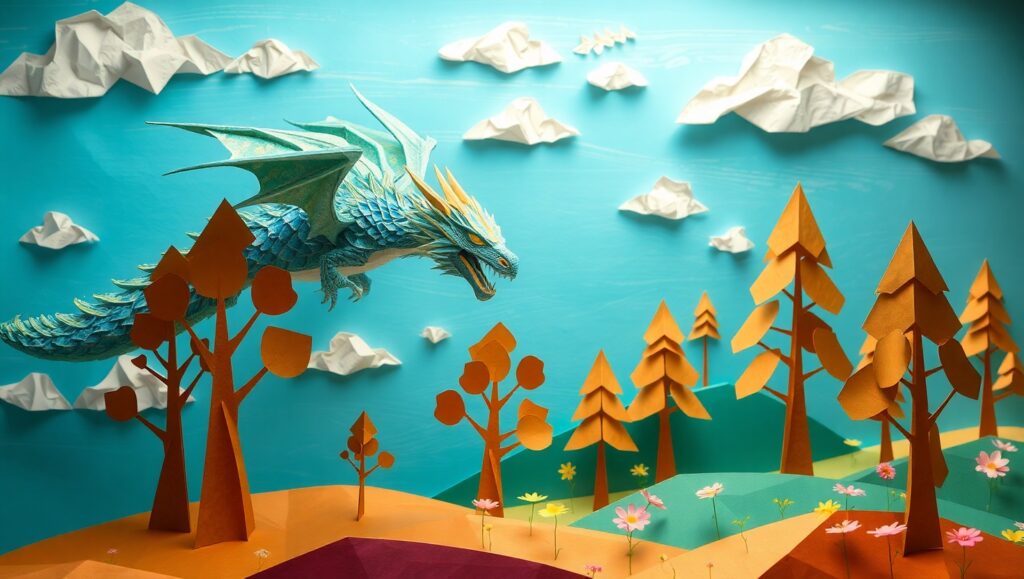 Papercraft Dragon in a Geometric World – free AI stock image
