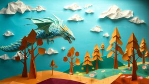 Papercraft Dragon in a Geometric World – free AI stock image