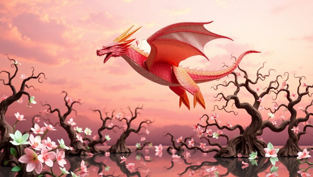 Pastel Origami Dragon in Flight – free AI stock image