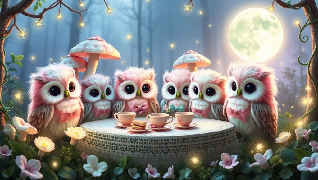 Pastel Owl Tea Party in the Forest – free AI stock image