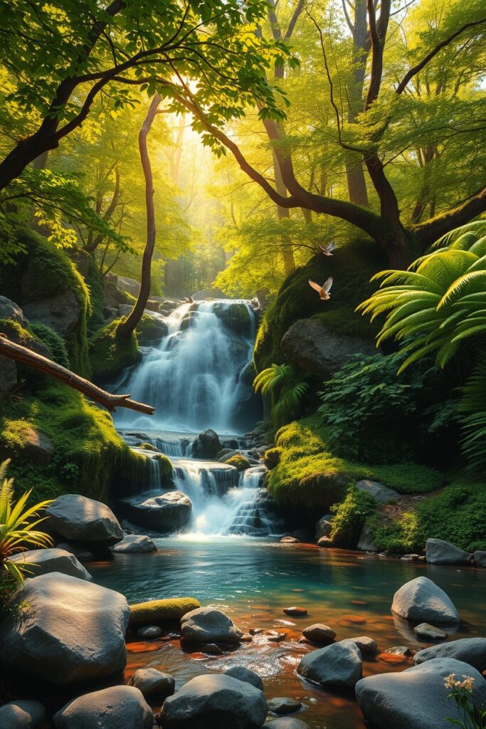 Peaceful Forest with Majestic Waterfall – free AI stock image